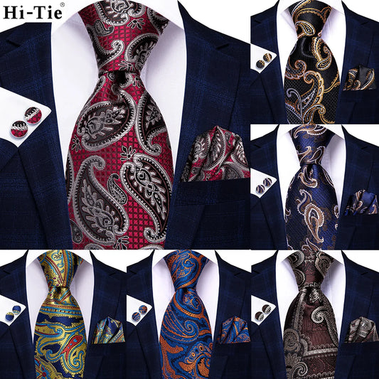 Burgundy Brown & Black Paisley Striped Silk Tie Set – Necktie + Pocket Square + Cufflinks – Formal Gift Set for Men