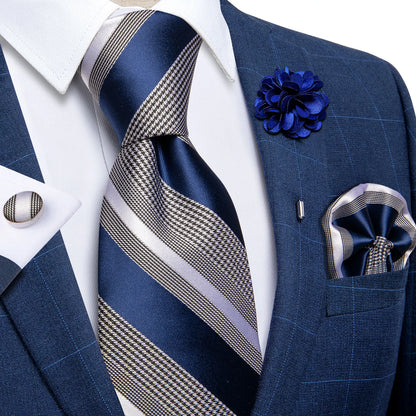 Luxury Red & Blue Floral Silk Tie Set – 8cm Necktie + Pocket Square + Cufflinks + Brooch – Men’s Formal Gift Set