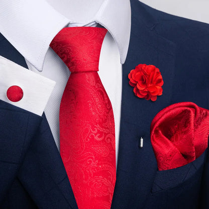 Luxury Men’s Floral Paisley Tie Set – Black & Gold Necktie with Matching Pocket Square, Cufflinks & Brooch | Elegant Wedding, Business, Dinner & Cocktail Look