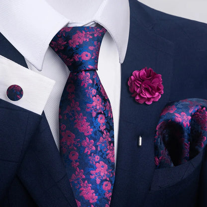 Luxury Men’s Floral Paisley Tie Set – Black & Gold Necktie with Matching Pocket Square, Cufflinks & Brooch | Elegant Wedding, Business, Dinner & Cocktail Look