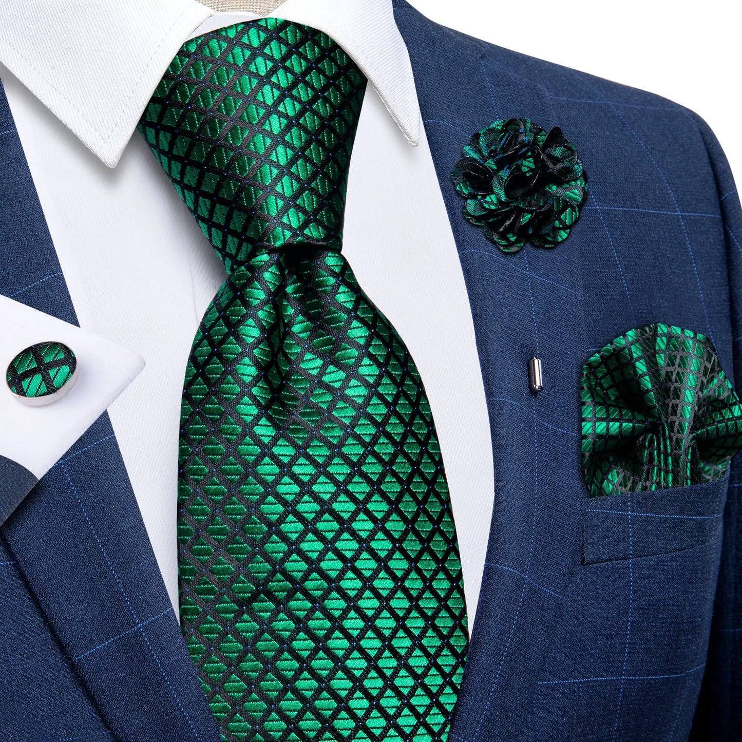 Luxury Red & Blue Floral Silk Tie Set – 8cm Necktie + Pocket Square + Cufflinks + Brooch – Men’s Formal Gift Set