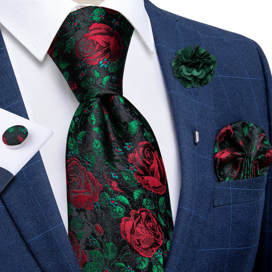 Luxury Red & Blue Floral Silk Tie Set – 8cm Necktie + Pocket Square + Cufflinks + Brooch – Men’s Formal Gift Set