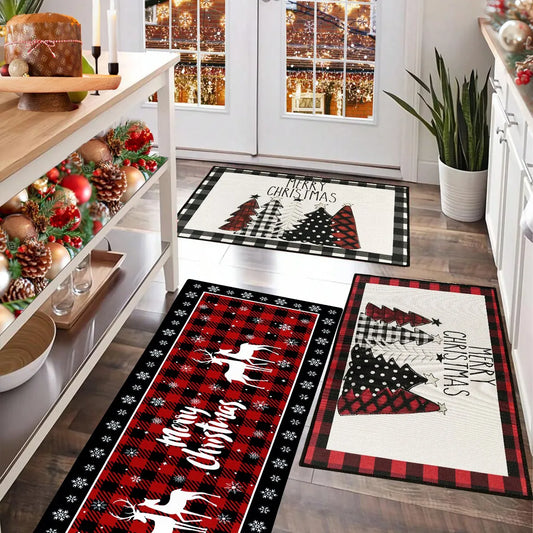 Plaid Christmas Tree Floor Mat Home Kitchen Absorbent Non-Slip Mat Merry Christmas Decoration for Home Happy New Year