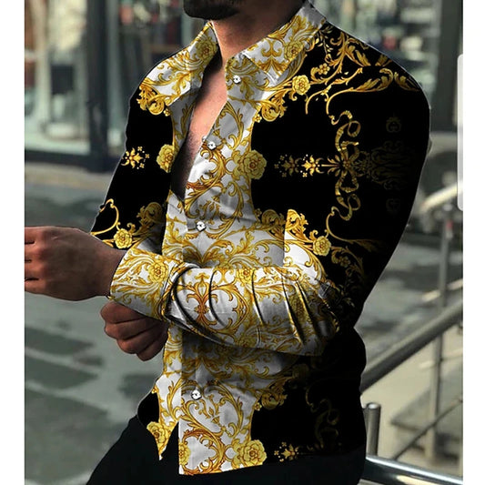 Luxury Floral Print Long Sleeve Shirt for Men – Casual Party Style, Button-Up Turn-Down Collar