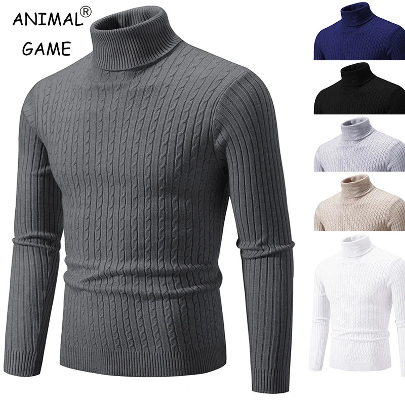 Men’s High Neck Knitted Sweater – Solid Color Warm Turtleneck Pullover for Winter