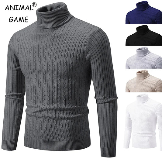 Men’s High Neck Knitted Sweater – Solid Color Warm Turtleneck Pullover for Winter