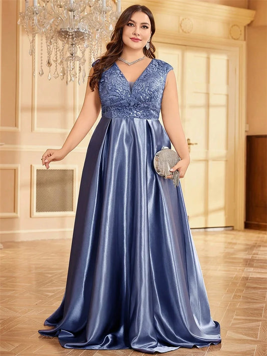 Plus Size Luxury Gold Satin Sequin Evening Gown – V-Neck Floor-Length Dress for Weddings, Parties & Prom
