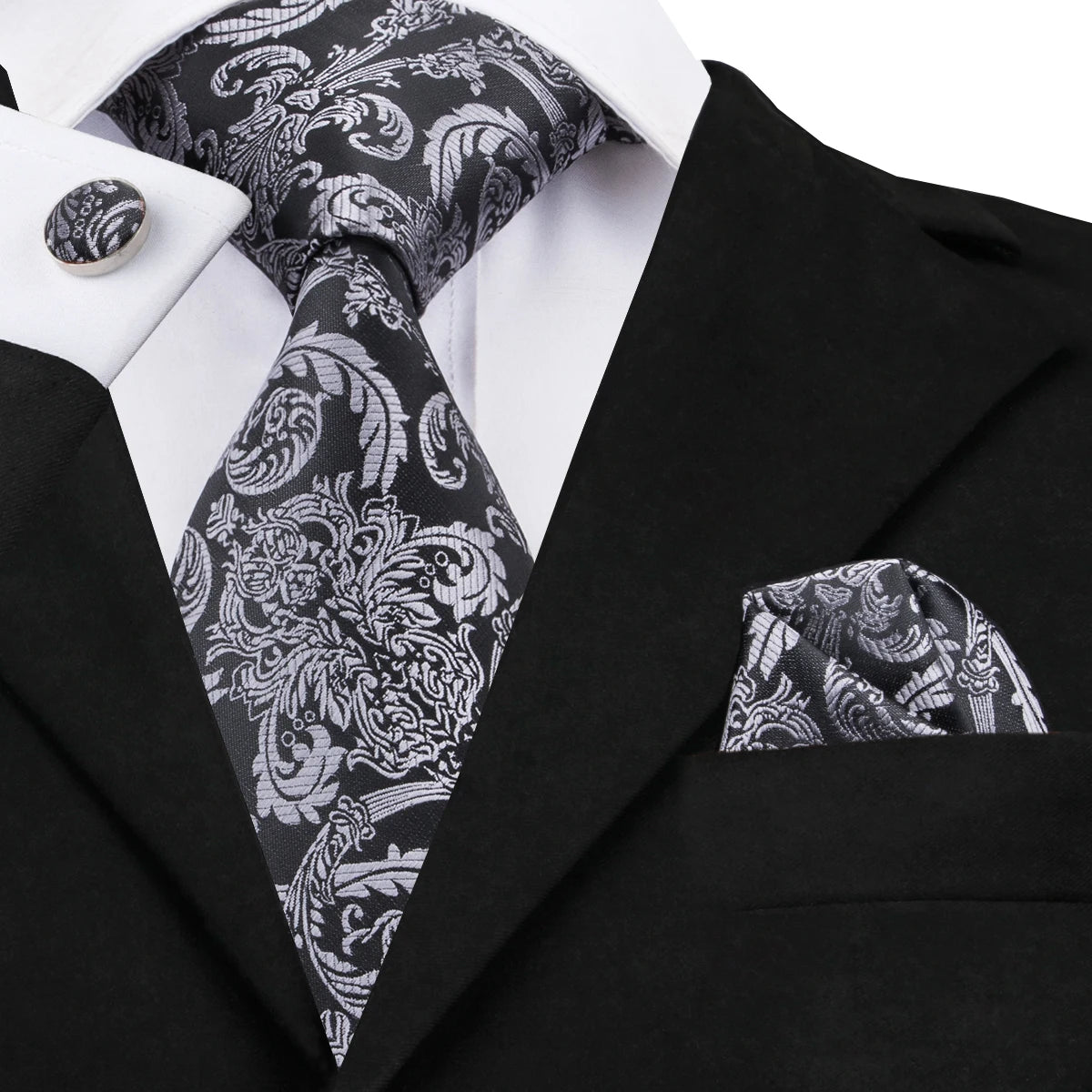 White & Grey Paisley Tie Set – Silk Necktie, Pocket Square & Cufflinks for Men – Formal Wedding & Business Accessory