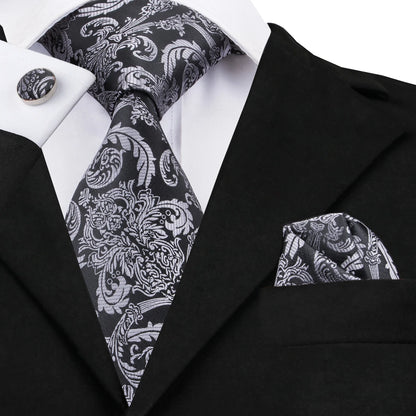 White & Grey Paisley Tie Set – Silk Necktie, Pocket Square & Cufflinks for Men – Formal Wedding & Business Accessory