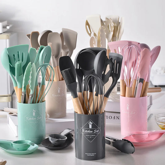 12PCS Silicone Kitchen Utensils Set – Non-Stick Cooking Tools with Wooden Handles – Spatula, Shovel, Egg Beaters & More