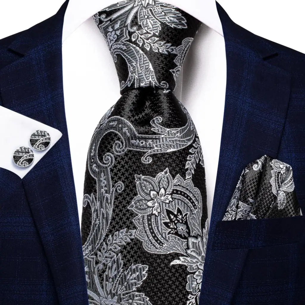 White & Grey Paisley Tie Set – Silk Necktie, Pocket Square & Cufflinks for Men – Formal Wedding & Business Accessory