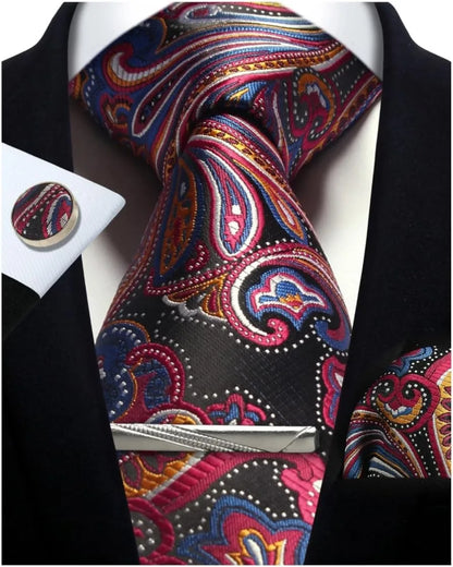 Men’s Classic Silver Paisley Tie Set – Silk Necktie, Pocket Square, Cufflinks & Tie Clip – Formal Wedding Party Gift Box