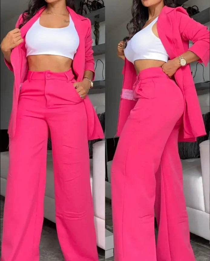 Women’s 2-Piece Solid Color Set – Spring/Autumn Fashion – Elegant Split Collar Top & Straight Tube Pocket Pants
