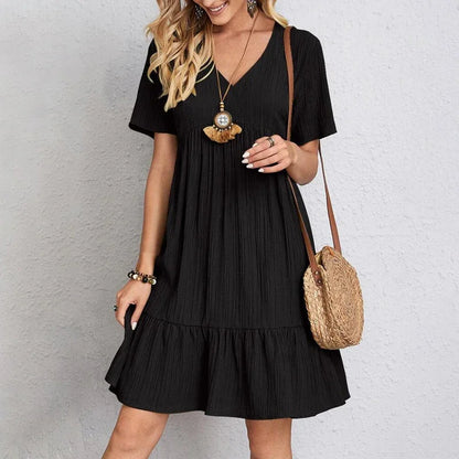 Loose V-Neck Pleated A-Line Dress – Elegant Beach Style, Short Sleeve, Solid Color, Comfortable Fit