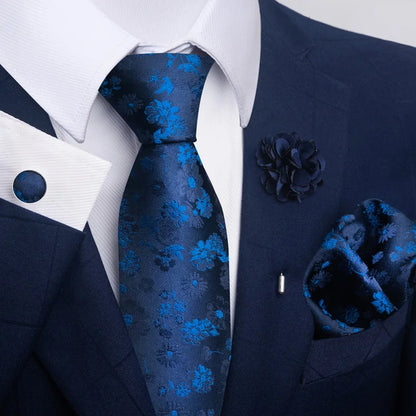 Luxury Men’s Floral Paisley Tie Set – Black & Gold Necktie with Matching Pocket Square, Cufflinks & Brooch | Elegant Wedding, Business, Dinner & Cocktail Look