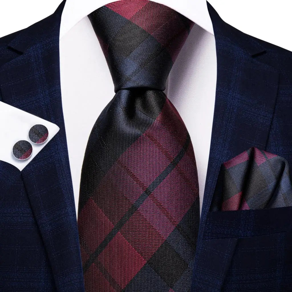 Navy Blue Striped Silk Tie Set for Men – Necktie, Pocket Square & Cufflinks – Formal Business & Wedding Gift Set