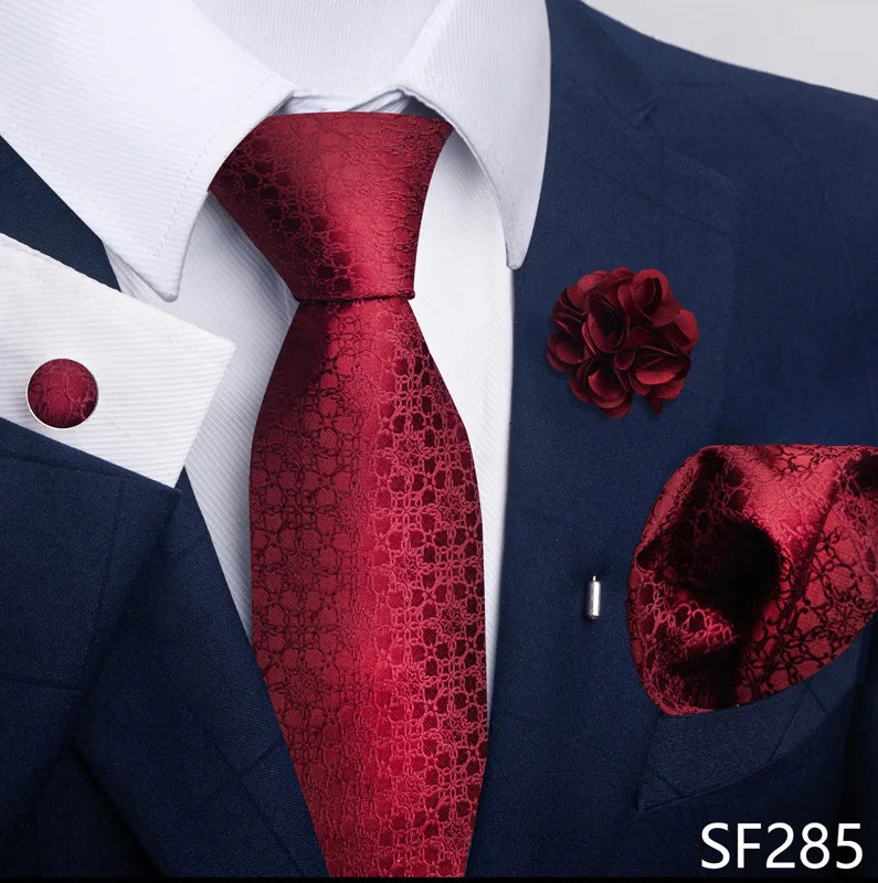 Luxury Men’s Floral Paisley Tie Set – Black & Gold Necktie with Matching Pocket Square, Cufflinks & Brooch | Elegant Wedding, Business, Dinner & Cocktail Look