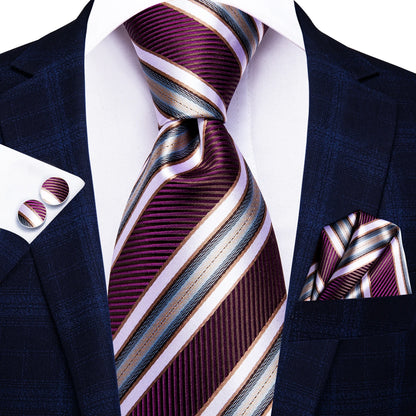 Navy Blue Striped Silk Tie Set for Men – Necktie, Pocket Square & Cufflinks – Formal Business & Wedding Gift Set