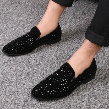 Men’s Genuine Luxury Stone  Leather Rhinestone Loafers – Slip-On Dress Shoes for Wedding, Party & Clubwear