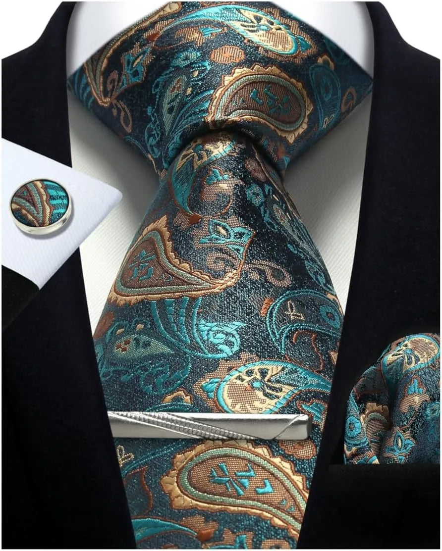 Men’s Classic Silver Paisley Tie Set – Silk Necktie, Pocket Square, Cufflinks & Tie Clip – Formal Wedding Party Gift Box