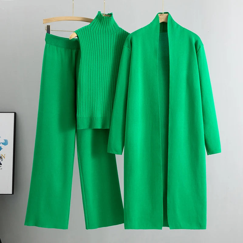 Women's 3-Piece Knitted Cardigan Tracksuit Set – Vintage Style Sweater + Top + Pants | Spring/Autumn Fashion Outfit