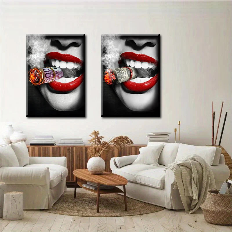 Red Lips Smoking Woman Canvas Art – Framed Pop Art Print with Money Burning Design for Living Room Decor