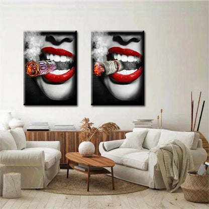 Red Lips Smoking Woman Canvas Art – Framed Pop Art Print with Money Burning Design for Living Room Decor