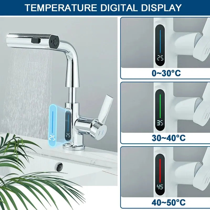 Temperature Digital Display Bathroom Basin Faucet – Pull-Out Waterfall Sink Mixer Tap