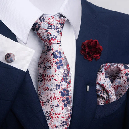 Luxury Men’s Floral Paisley Tie Set – Black & Gold Necktie with Matching Pocket Square, Cufflinks & Brooch | Elegant Wedding, Business, Dinner & Cocktail Look