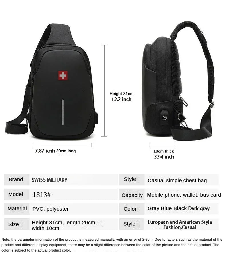 SWISS New Men'S Casual Chest Bag Sports Waterproof Shoulder Bag Anti-Theft Crossbody Bag Fashion Solid Color Usb Bag Sling Pack