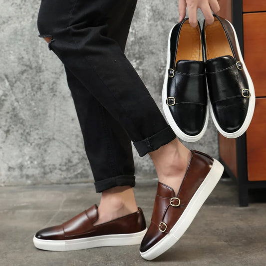 Men's Casual Leather Loafers – Retro British Style Slip-On Monk Strap Flats for Business & Daily Wear