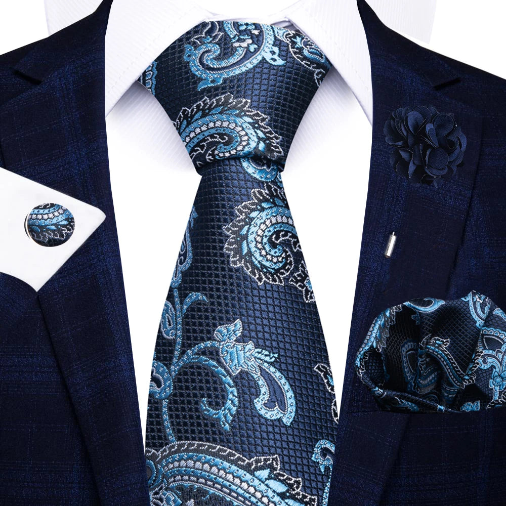 Red Paisley Tie Set for Men – 8cm Necktie, Matching Handkerchief, Cufflinks & Pin – Formal Wedding & Party Accessories