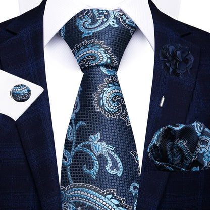 Red Paisley Tie Set for Men – 8cm Necktie, Matching Handkerchief, Cufflinks & Pin – Formal Wedding & Party Accessories