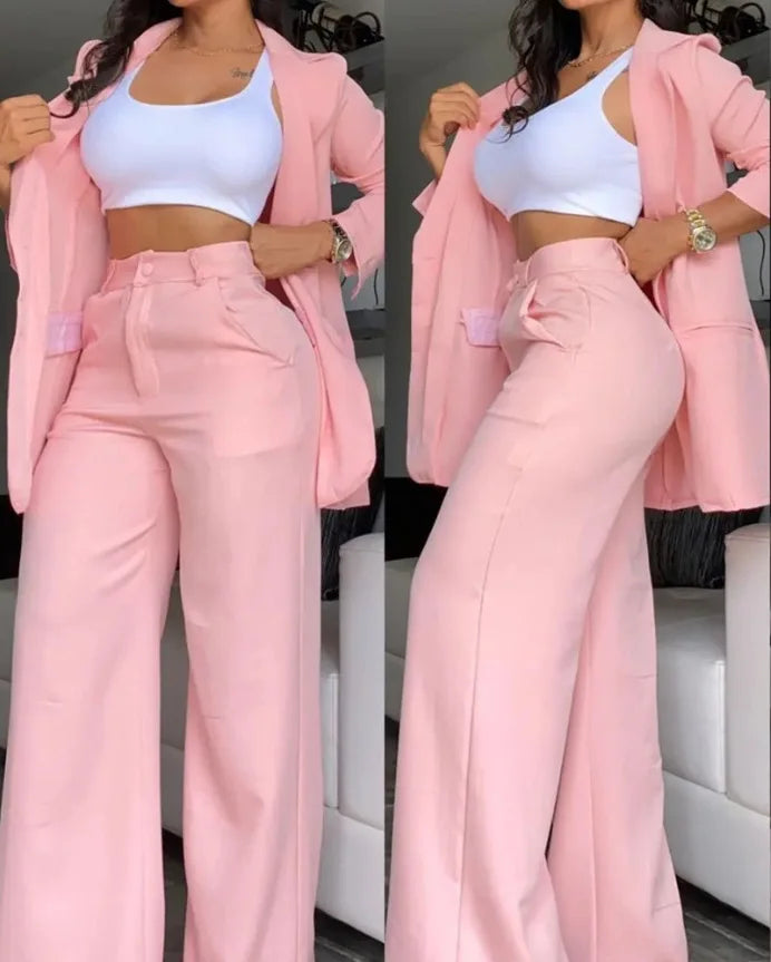Women’s 2-Piece Solid Color Set – Spring/Autumn Fashion – Elegant Split Collar Top & Straight Tube Pocket Pants