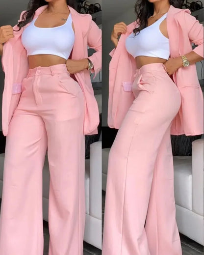 Women’s 2-Piece Solid Color Set – Spring/Autumn Fashion – Elegant Split Collar Top & Straight Tube Pocket Pants