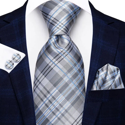 White & Grey Paisley Tie Set – Silk Necktie, Pocket Square & Cufflinks for Men – Formal Wedding & Business Accessory