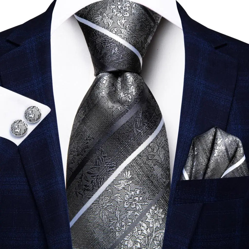 Navy Blue Striped Silk Tie Set for Men – Necktie, Pocket Square & Cufflinks – Formal Business & Wedding Gift Set