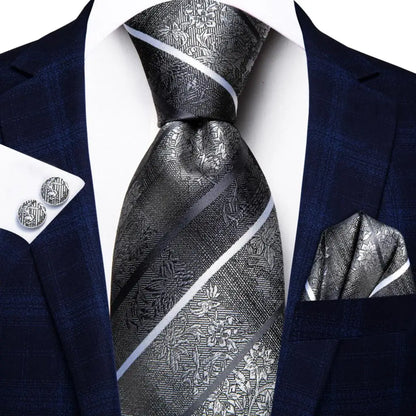 Navy Blue Striped Silk Tie Set for Men – Necktie, Pocket Square & Cufflinks – Formal Business & Wedding Gift Set