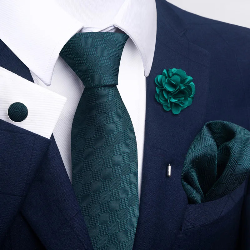 Luxury Men’s Floral Paisley Tie Set – Black & Gold Necktie with Matching Pocket Square, Cufflinks & Brooch | Elegant Wedding, Business, Dinner & Cocktail Look