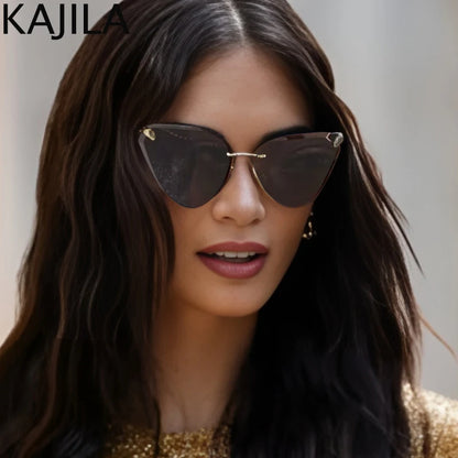 Cat Eye Rimless Sunglasses Women 2025 Luxury Brand Designer Trendy Metal Frameless Sun Glasses for Ladies Vintage Eyewear UV400