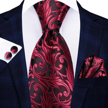 Burgundy Brown & Black Paisley Striped Silk Tie Set – Necktie + Pocket Square + Cufflinks – Formal Gift Set for Men
