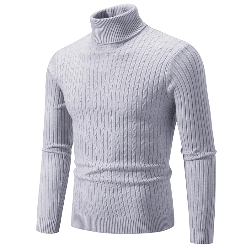 Men’s High Neck Knitted Sweater – Solid Color Warm Turtleneck Pullover for Winter