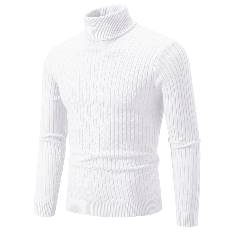 Men’s High Neck Knitted Sweater – Solid Color Warm Turtleneck Pullover for Winter
