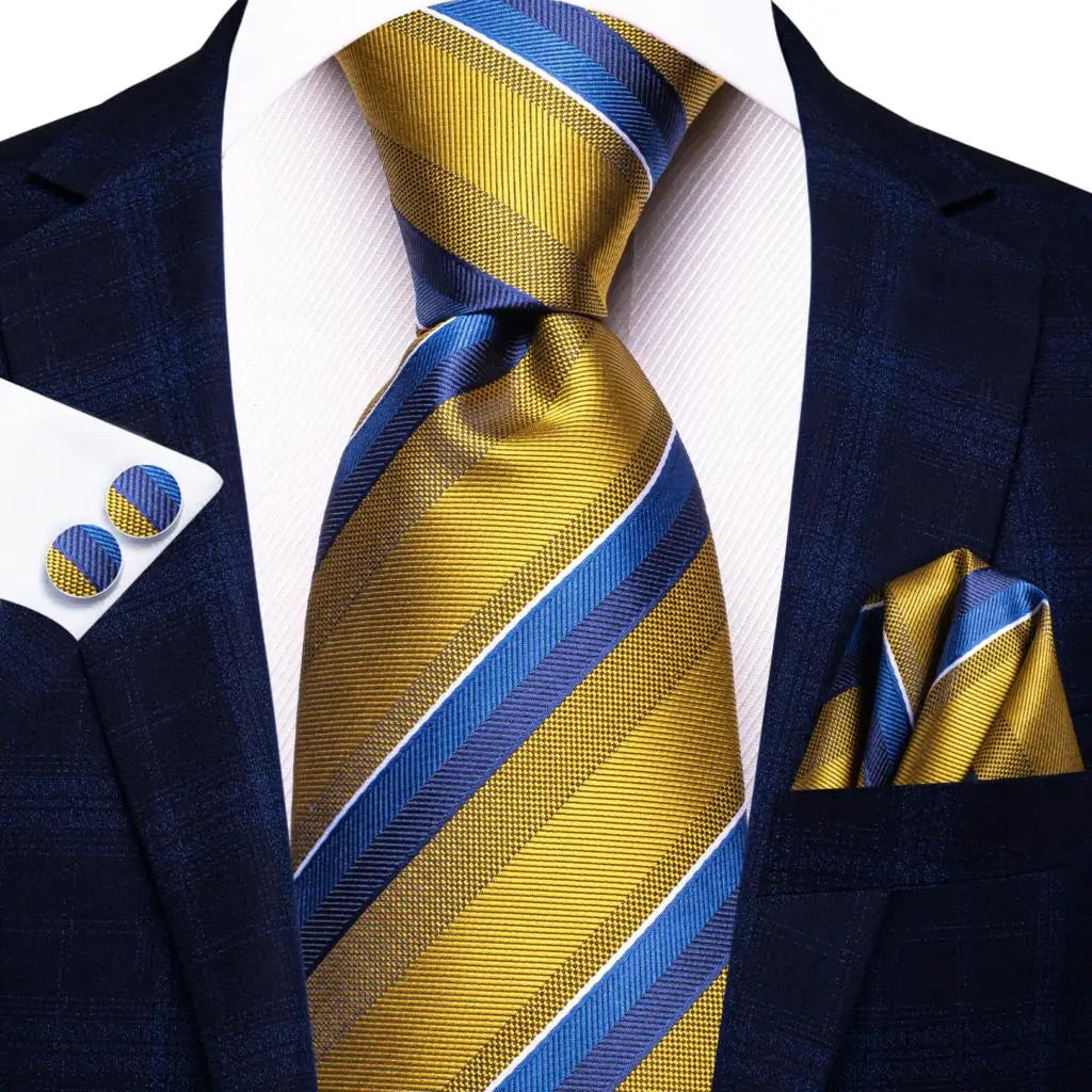 Navy Blue Striped Silk Tie Set for Men – Necktie, Pocket Square & Cufflinks – Formal Business & Wedding Gift Set