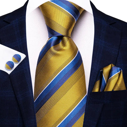 Navy Blue Striped Silk Tie Set for Men – Necktie, Pocket Square & Cufflinks – Formal Business & Wedding Gift Set