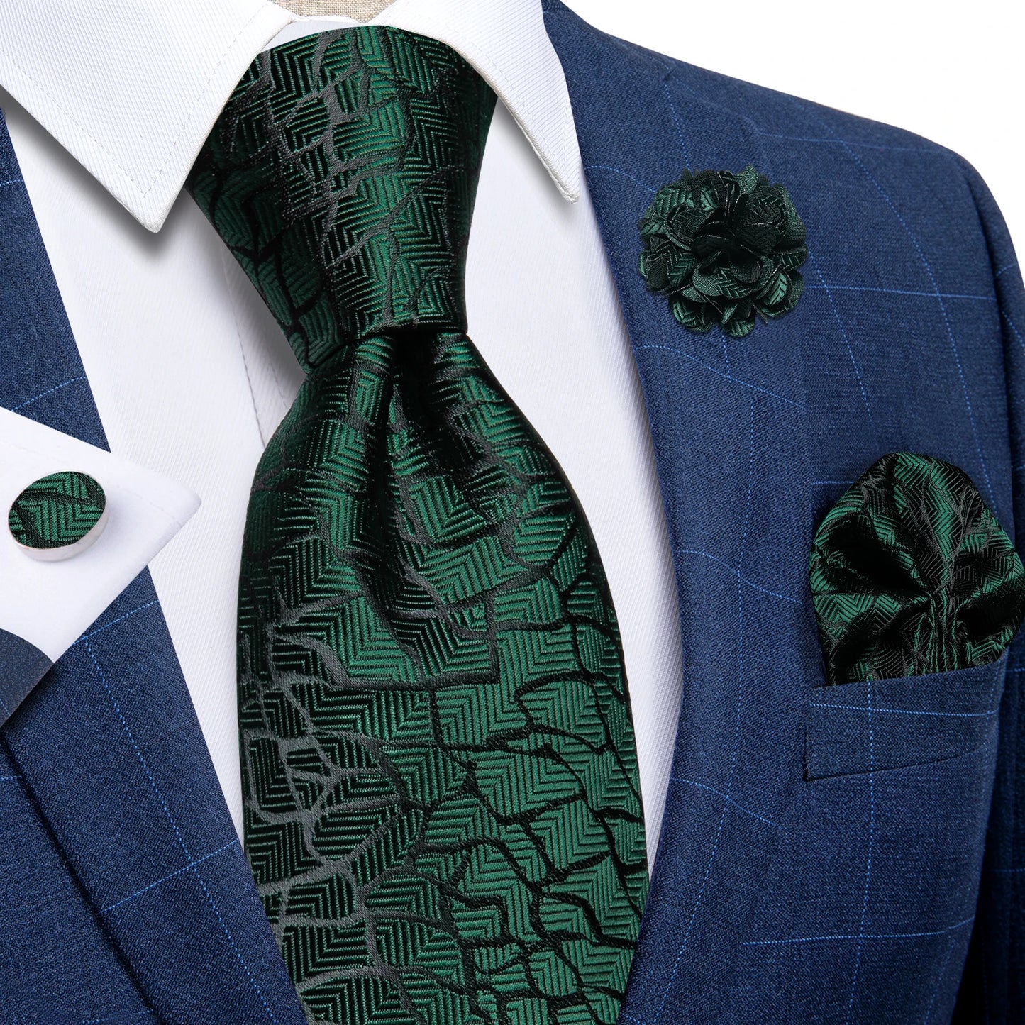 Luxury Red & Blue Floral Silk Tie Set – 8cm Necktie + Pocket Square + Cufflinks + Brooch – Men’s Formal Gift Set