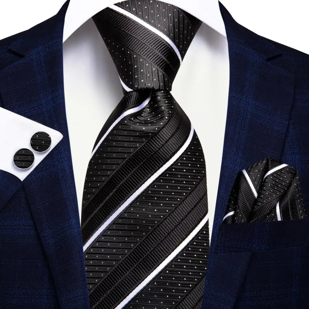 Navy Blue Striped Silk Tie Set for Men – Necktie, Pocket Square & Cufflinks – Formal Business & Wedding Gift Set