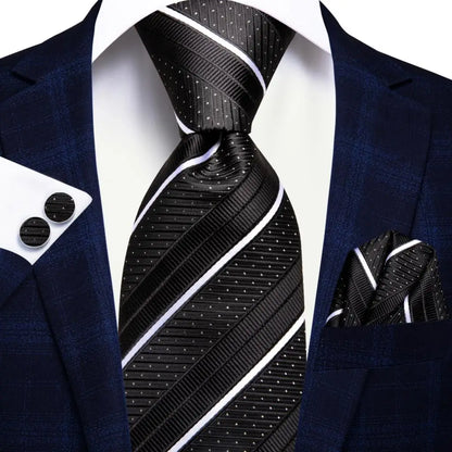Navy Blue Striped Silk Tie Set for Men – Necktie, Pocket Square & Cufflinks – Formal Business & Wedding Gift Set