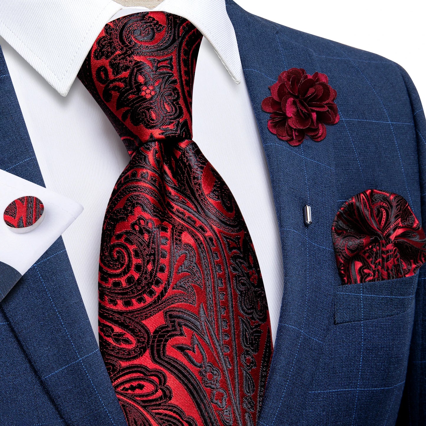 Blue & Silver Paisley Silk Tie Set – 8cm Necktie + Pocket Square + Cufflinks + Brooch – Elegant Men’s Gift for Weddings & Holidays