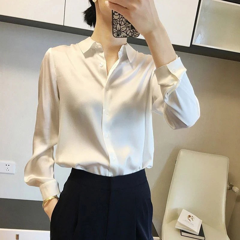 Elegant Satin Button-Down Blouse – Women’s Long Sleeve French Solid Shirt for Work & Evenings